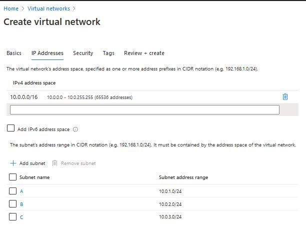 Azure Virtual network - creating a virtual network - IP address