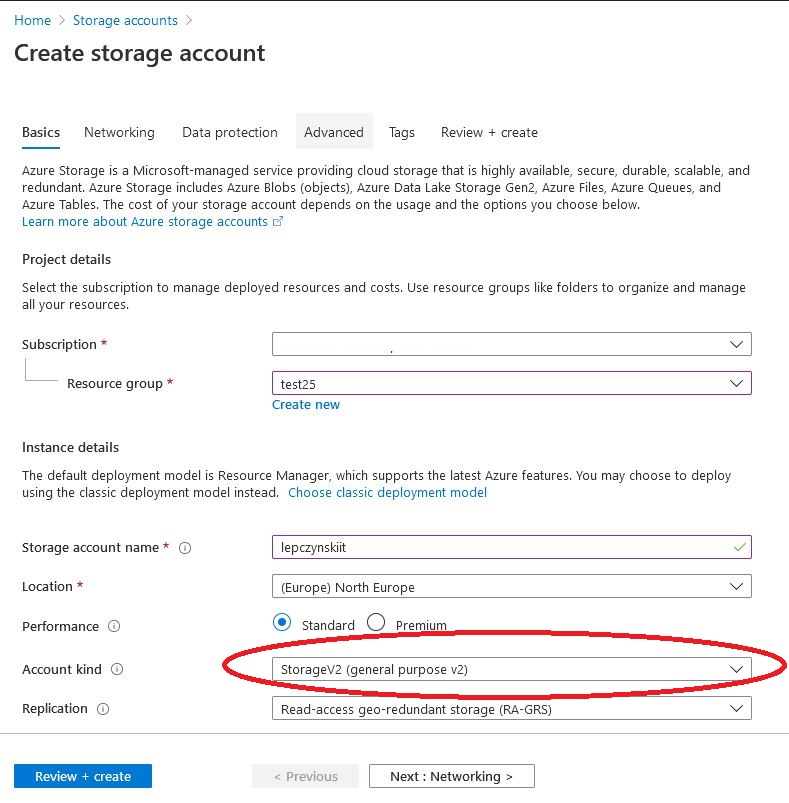 Azure Storage account v2 create