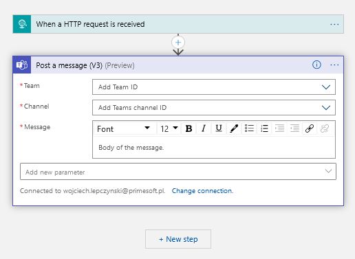 Azure Microsoft Teams - post a message configuration