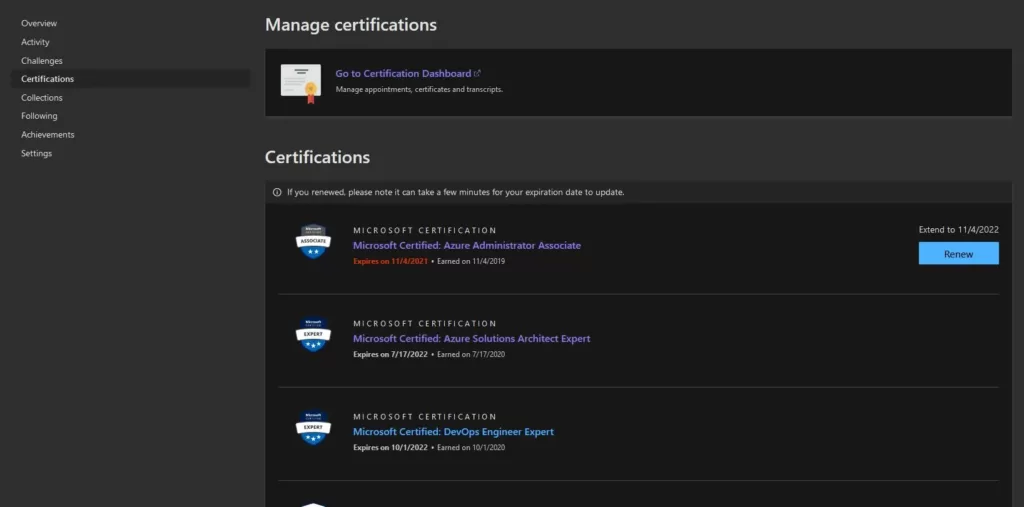 microsoft account manage certifications
